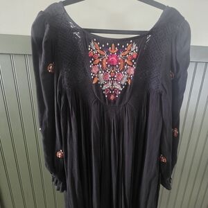 Free People Black Midi Dress with Floral Embroidery